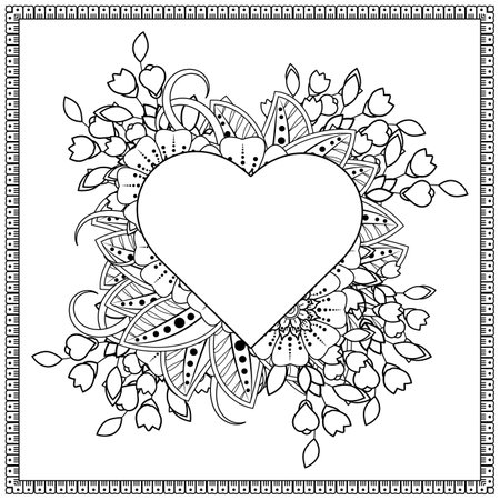 Mehndi flower for henna, mehndi, tattoo, decoration. decorative ornament in ethnic oriental style. doodle ornament. outline hand draw illustration. coloring book page.のイラスト素材