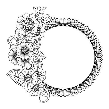 Mehndi flower for henna, mehndi, tattoo, decoration. decorative ornament in ethnic oriental style. doodle ornament. outline hand draw illustration. coloring book page.のイラスト素材