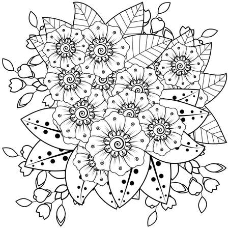 Mehndi flower for henna, mehndi, tattoo, decoration. decorative ornament in ethnic oriental style. doodle ornament. outline hand draw illustration. coloring book page.のイラスト素材