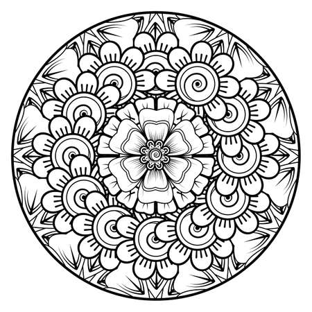 Mehndi flower for henna, mehndi, tattoo, decoration. Decorative ornament in ethnic oriental style, doodle ornament, outline hand draw. Coloring book page.のイラスト素材
