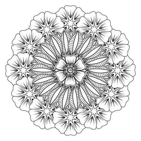 Mehndi flower for henna, mehndi, tattoo, decoration. Decorative ornament in ethnic oriental style, doodle ornament, outline hand draw. Coloring book page.のイラスト素材
