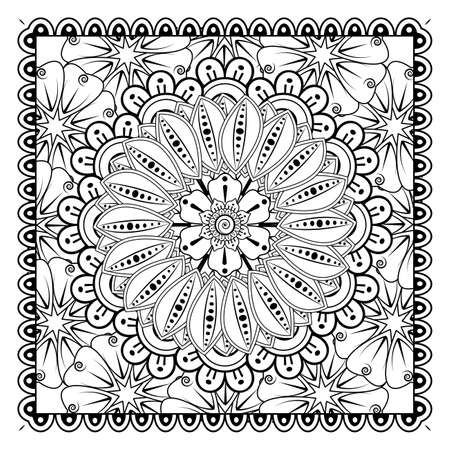 Mehndi flower for henna, mehndi, tattoo, decoration. Decorative ornament in ethnic oriental style, doodle ornament, outline hand draw. Coloring book page.のイラスト素材