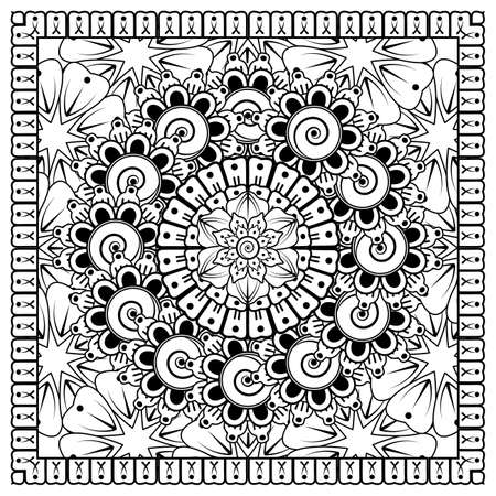 Mehndi flower for henna, mehndi, tattoo, decoration. Decorative ornament in ethnic oriental style, doodle ornament, outline hand draw. Coloring book page.のイラスト素材