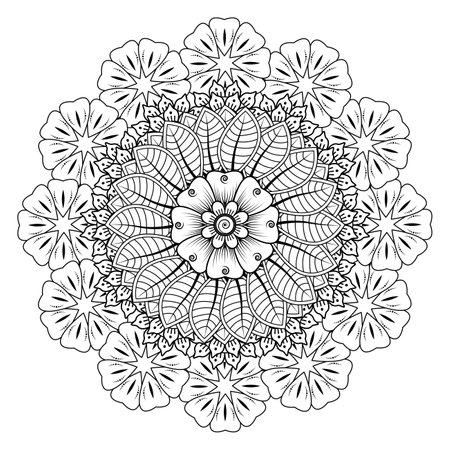 Mehndi flower for henna, mehndi, tattoo, decoration. Decorative ornament in ethnic oriental style, doodle ornament, outline hand draw. Coloring book page.のイラスト素材