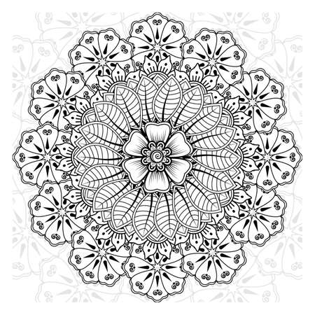Mehndi flower for henna, mehndi, tattoo, decoration. Decorative ornament in ethnic oriental style, doodle ornament, outline hand draw. Coloring book page.のイラスト素材
