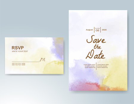 Wedding card invitation template with hand painted watercolor splashのイラスト素材