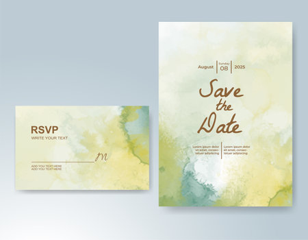 Wedding card invitation template with hand painted watercolor splashのイラスト素材