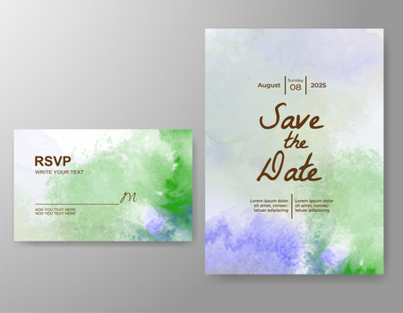 Wedding card invitation template with hand painted watercolor splashのイラスト素材