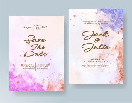 Wedding card invitation template with hand painted watercolor splashのイラスト素材
