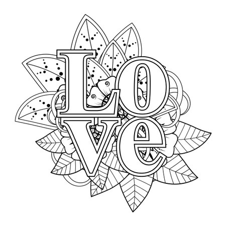 Mehndi flower pattern for Henna drawing and tattoo. Decoration in ethnic oriental  Indian style. Doodle ornament. Outline hand draw vector illustration.のイラスト素材