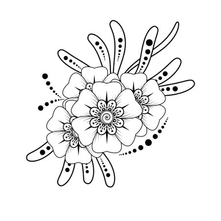Mehndi flower pattern for Henna drawing and tattoo. Decoration in ethnic oriental  Indian style. Doodle ornament. Outline hand draw vector illustration.のイラスト素材