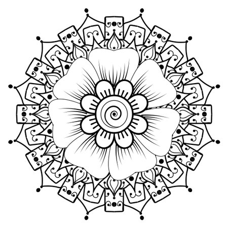 Mehndi flower pattern for Henna drawing and tattoo. Decoration in ethnic oriental  Indian style. Doodle ornament. Outline hand draw vector illustration.のイラスト素材