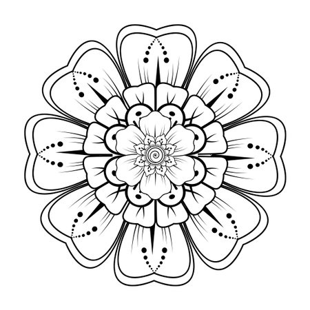 Mehndi flower pattern for Henna drawing and tattoo. Decoration in ethnic oriental  Indian style. Doodle ornament. Outline hand draw vector illustration.のイラスト素材