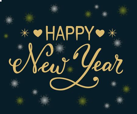 Hand drawn brush calligraphy lettering of Happy New Year with golden letters with snowflakes and hearts as decorative elements on dark background with white and yellow snowflakes for banner, posterのイラスト素材