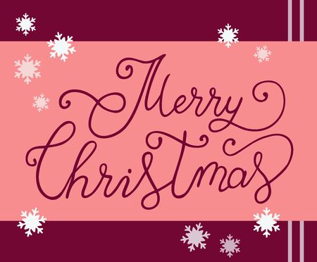 Handwritten modern brush calligraphy lettering of Merry Christmas on a pink background with snowflakes and stripes as decoration for a postcard, invitation card, poster, sticker, bannerのイラスト素材