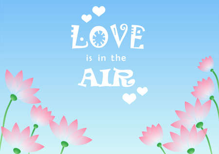 Illustration with lettering of Love isolated on white background with hearts on a background with a gradient flowers and blue sky for a poster, decoration, greeting card, postcard, valentine.のイラスト素材