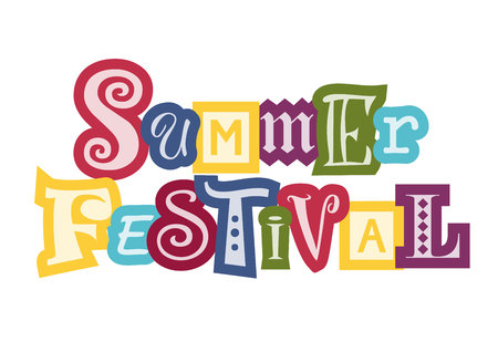 Lettering of Summer festival with different letters in white with colorful outlines on white background for festival, advertisement, poster, banner, decoration, invitation, print, placard, handbillのイラスト素材