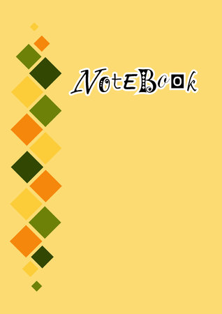 Cover in yellow with vertical pattern of green, yellow and orange squares and with lettering of Notebook in black with different letters and white linesのイラスト素材