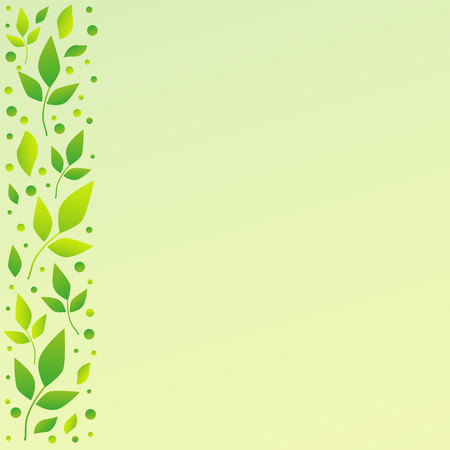 Light green background with decorative stripe on the left side with green leaves and dots for decoration, scrapbooking paper, sheet of book or notebook, wedding invitation, greeting card, background.のイラスト素材