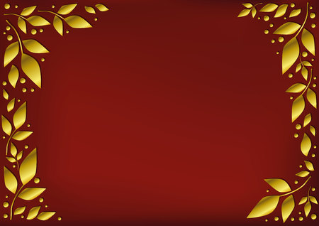 Red background stylized as red velvet decorated with golden leaves and dots for decoration, scrapbooking paper, sheet of book or notebook, wedding invitation, greeting card, text, frame, family treeのイラスト素材