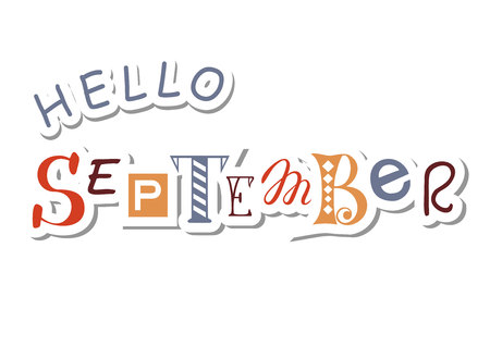 Colorful lettering of Hello September with different letters in brown and gray in paper cut style with shadow on white background for calendar, sticker, decoration, planner, diary, posterのイラスト素材