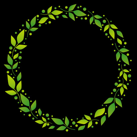 Black background with decorative circle frame of green leaves and dots for decoration, scrapbooking paper, sheet of book or notebook, wedding invitation, greeting card, text, family treeのイラスト素材