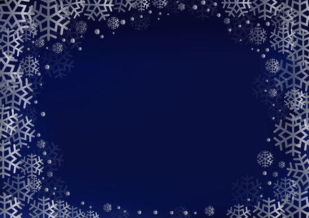 Dark blue background with decorative frame of silver snowflakes and dots for decoration, text, greeting card, wedding invitation, New year and Christmas design, winter design, poster, bannerのイラスト素材