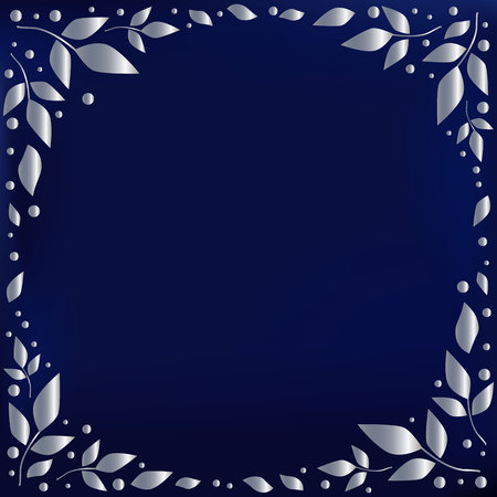 Blue background stylized as blue velvet decorated with silver leaves and dots in form of circle for decoration, scrapbooking paper, wedding invitation, greeting card, text, frame, family tree, cover