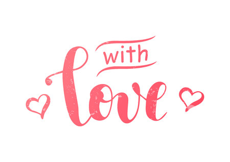 Calligraphy lettering of With love in pink decorated with hearts on white background with texture for decoration,present,gift tag,label,greeting card,valentine, Valentines Day,bunch of flowers,stickerのイラスト素材