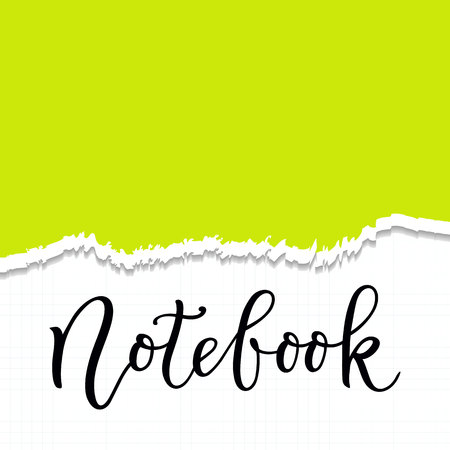Vector illustration with modern calligraphy of notebook in black on checker paper background decorated with torn edge of green paper for decoration, cover, notebook, scrapbooking, decoupage, packagingのイラスト素材