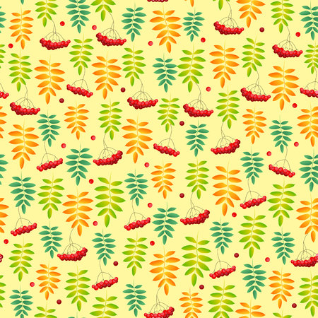 Autumn seamless pattern with rowan berries and orange green leaves in a row on a yellow background for decoration, wrapping paper, scrapbooking, decoupage, textile, packaging, cover, background, fabricのイラスト素材
