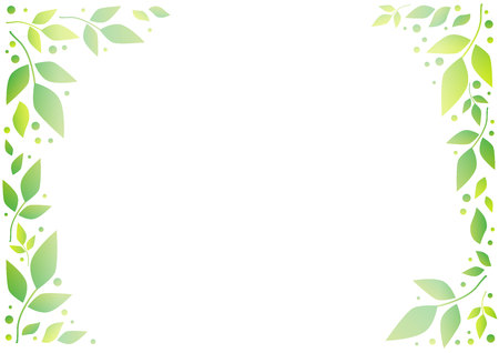 White background with decorative frame of green leaves and dots for decoration, wedding invitation, greeting card, text, family tree, cover, poster, banner, letter, certificate, scrapbookingのイラスト素材