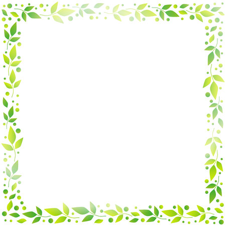 White square background with decorative frame of green leaves and dots for decoration, scrapbooking paper, sheet of book or notebook, wedding invitation, greeting card, text, family treeのイラスト素材