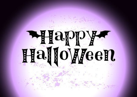 Lettering of Happy Halloween in black decorated with bat wings and ornaments on background with violet textured giant moon with place for text for decoration, greeting card, postcard, advertisingのイラスト素材