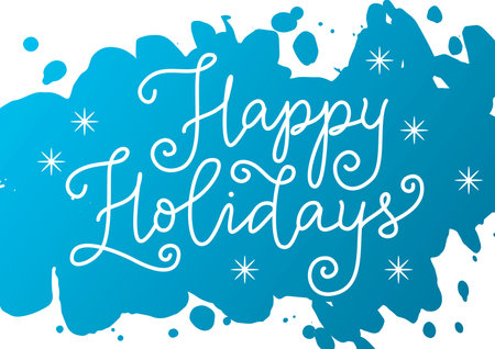 Calligraphy lettering of Happy Holidays in white on blue watercolor background for decoration, poster or banner, design or decor, calendar, postcard, sticker, scrapbooking, New Year, Christmasのイラスト素材