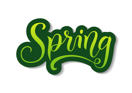 Modern calligraphy lettering of Spring in green gradient with green outline and shadow in paper cut style on white background for decoration, sticker, poster, banner, advertising,calendar, flower shopのイラスト素材