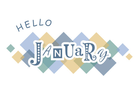 Decorative lettering of Hello January with different letters in blue with white outlines on white background with colorful squares for calendar, poster, print, sticker, decoration, plannerのイラスト素材