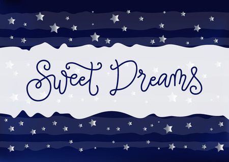 Modern handwritten calligraphy of Sweet dreams in dark blue on white blue striped background decorated with silver stars for decoration, postcard, poster, banner, bedside lamp, night lamp, bed roomのイラスト素材