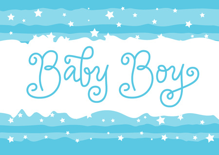 Modern calligraphy lettering of Baby Boy in blue in monoline style on white blue background with stars for decoration, poster, banner,greeting card, a birth certificate, birthday,embroidery, fancyworkのイラスト素材