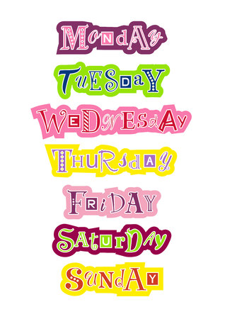 Hand drawn decorative colorful lettering set of days of the week with different letters with colorful outlines on white background for calendar, planner, diary, decoration, sticker, poster, postcardのイラスト素材