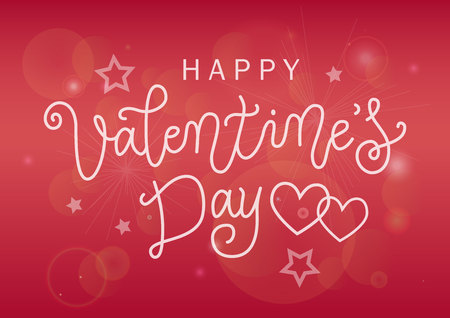 Modern calligraphy lettering of Happy Valentines day in white on pink gradient background decorated with stars for decoration, poster, banner, valentine, greeting card, invitation, advert, partyのイラスト素材