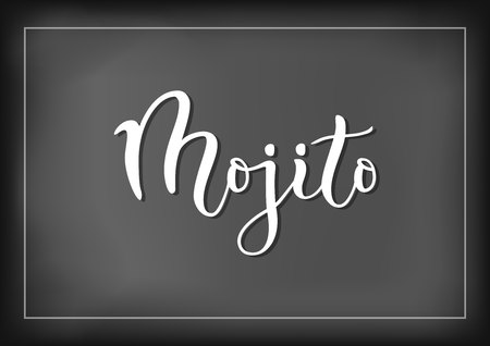 Modern calligraphy lettering of Mojito in white on chalkboard background with white frame for bar menu, cocktail menu, advertisement, cafe, restaurant, packaging, flyer, stickerのイラスト素材