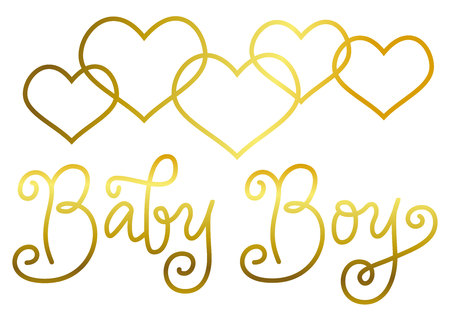 Modern calligraphy lettering of Baby Boy in golden in mono line style on white background with golden hearts for decoration, poster, invitation, greeting card, a birth certificate, birthdayのイラスト素材