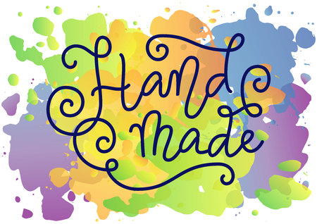 Calligraphy lettering of Hand made in blue in mono line style with swirls on colorful watercolor background for decoration, art, logo, banner, poster, packaging, advertising, saleのイラスト素材