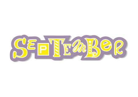 Hand drawn decorative colorful lettering of September with different letters in yellow with purple outline and shadow on white for calendar, decoration, planner, diary, notebook, sticker, postcardのイラスト素材