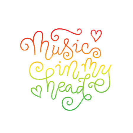 Modern calligraphy lettering of Music in my head in yellow, red, green with texture on white for decoration, poster, banner, music festival, show, cover, music shop, advertising, concert, theaterのイラスト素材