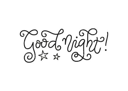 Modern mono line calligraphy lettering of Good night in black with texture on white background for decoration, poster, banner, greeting card, present, gift tag, print, scrapbooking, stamp, stickerのイラスト素材