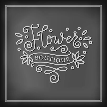 Modern mono line calligraphy lettering of Flower boutique in white with swirls on chalkboard background for decoration, flower shop, market, logo, advertising, design, stamp, sign board, outdoor signのイラスト素材