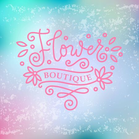 Modern mono line calligraphy lettering of Flower boutique in pink with swirls on blue pink background for decoration, flower shop, market, logo, advertising, design, stamp, sign board, outdoor signのイラスト素材
