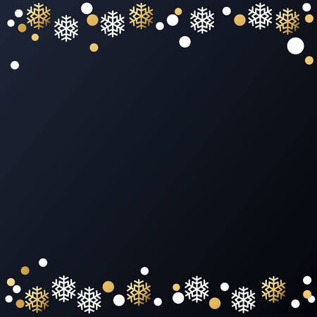 Festive winter dark background with frame of golden and white snowflakes and confetti for decoration, poster, banner, design, text, advert, new year, party, christmas, celebration, gift tagのイラスト素材